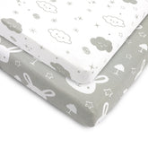 Bubo Baby Pack and Play Fitted Sheet, Portable Pack N Plays Mini Crib Sheets, 2 Pack Play Sheets, 100% Jersey Cotton Playard Sheets, Grey White