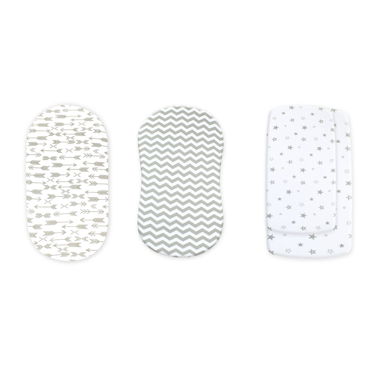 Bublo Baby Bassinet Sheet Set for Boy and Girl, 3 Pack, Universal Fitted for Oval, Hourglass & Rectangle Bassinet Mattress, Fitted Sheets Size 32 x 16 x 4 Inches, Grey