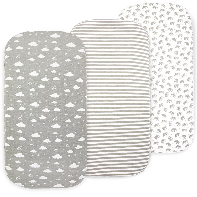 Bublo Baby Bassinet Sheet Set for Boy and Girl, 3 Pack, Universal Fitted for Oval, Hourglass & Rectangle Bassinet Mattress, Fitted Sheets Size 32 x 16 x 4 Inches Cool, Grey