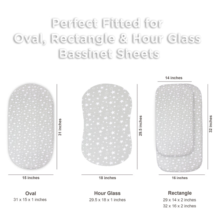 Bublo Baby Bassinet Sheet Set for Boy and Girl, 2 Pack, Universal Fitted for Oval, Hourglass & Rectangle Bassinet Mattress, Fitted Sheets Size 32 x 16 x 4 Inches